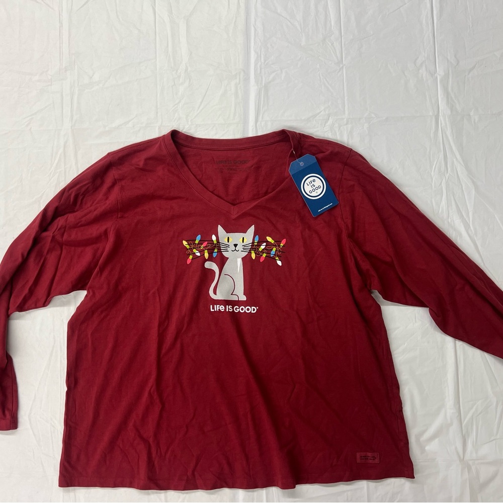 NWT Life is Good Shirt Womens 3XL Red Long Sleeve Holiday Cat Whisker Lights